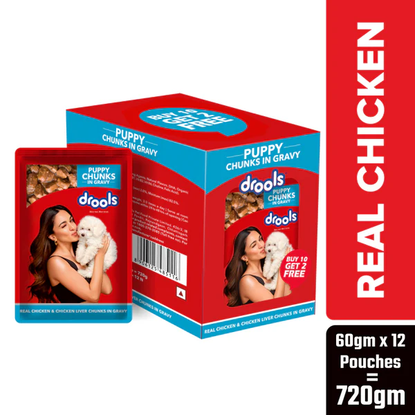 Drools Real Chicken & Chicken Liver Chunks in Gravy Puppy Dog Wet Food (60g) ( Pack of 12pcs )