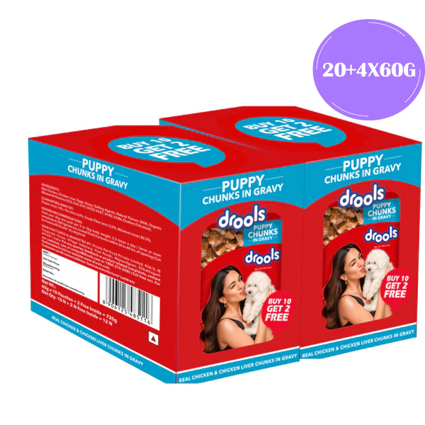 Drools Real Chicken & Chicken Liver Chunks in Gravy Puppy Dog Wet Food (60g) ( Pack of 24pcs )