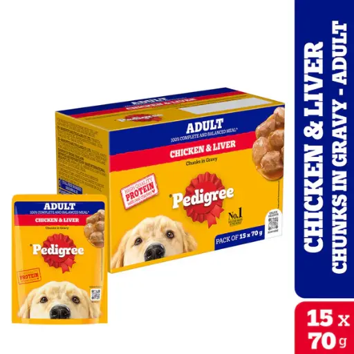 Pedigree Chicken and Liver Chunks in Gravy Adult Dog Wet Food (70g) ( Pack of 15pcs )