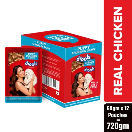 Drools Real Chicken & Chicken Liver Chunks in Gravy Puppy Dog Wet Food (60g) ( Pack of 12pcs )
