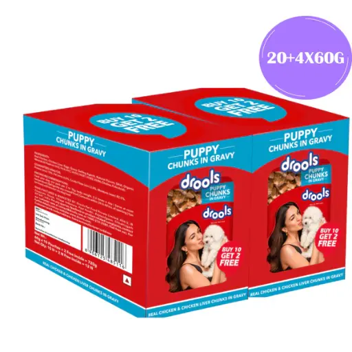 Drools Real Chicken & Chicken Liver Chunks in Gravy Puppy Dog Wet Food (60g) ( Pack of 24pcs )